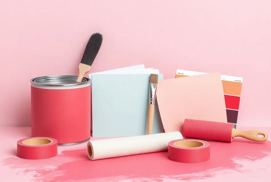 Pots de peinture, nuancier, brosses et rouleaux disposés à plat