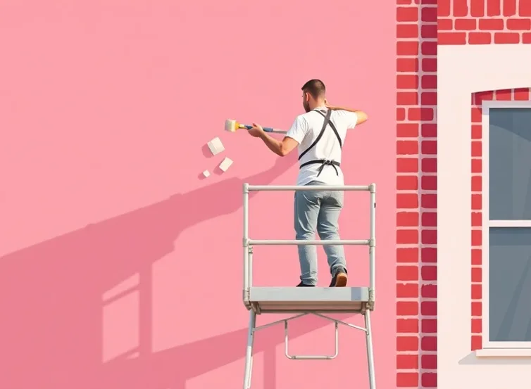 Peintre sur échafaudage traitant la façade d'une maison